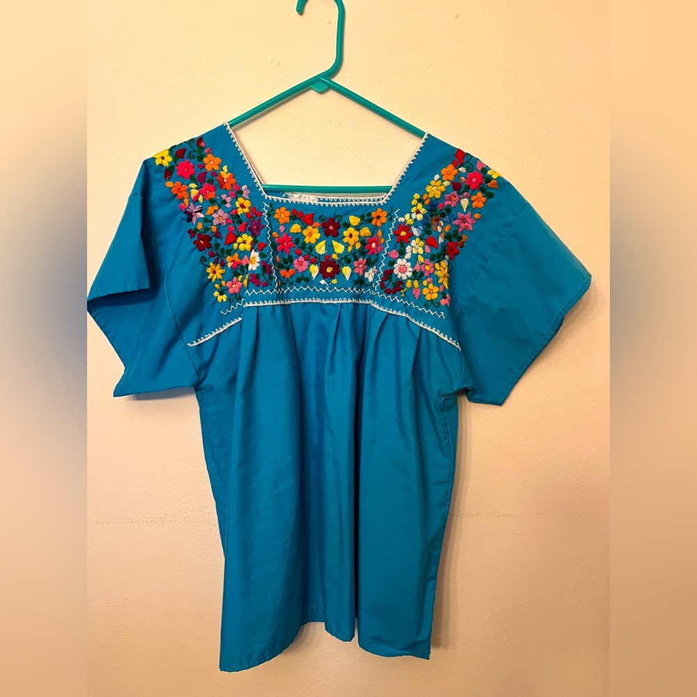 Women’s Embroidered Turquoise Mexican Style Blouse